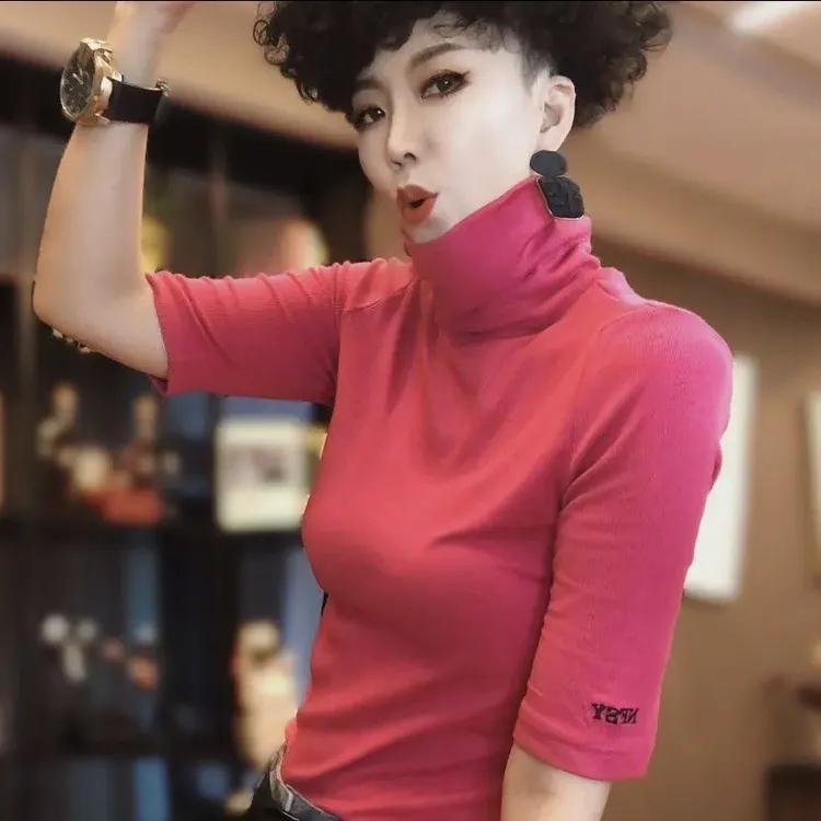 欧洲站春秋新款高领五分袖打底衫女弹力棉休闲显瘦半袖减龄上衣女