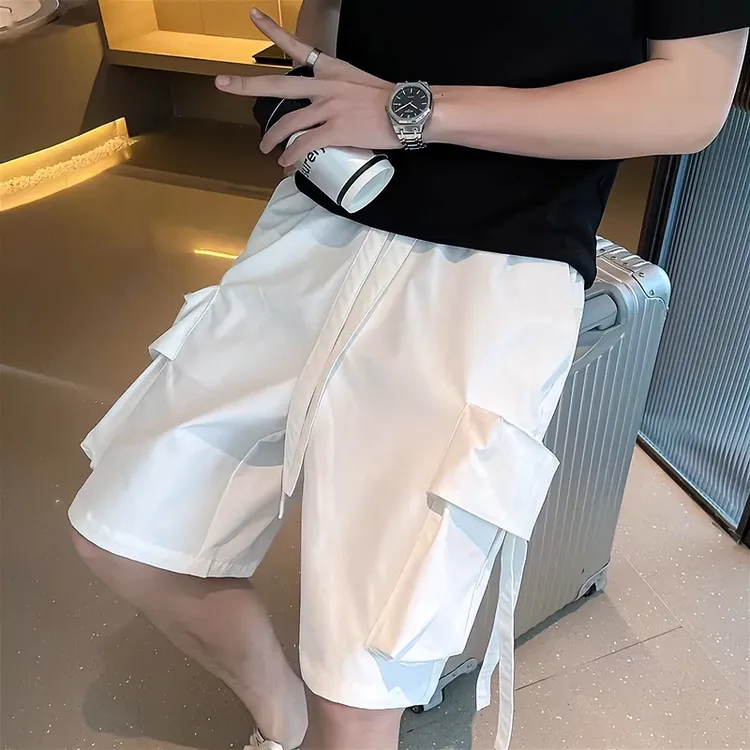 夏季短裤男款运动裤潮牌宽松男式大裤衩直筒美式大口袋白色港风