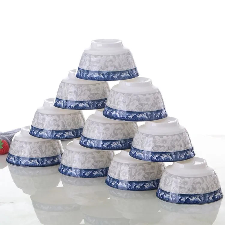 青花瓷10只陶瓷碗釉下彩4.5英寸米饭碗吃饭碗家用面碗可微波炉碗