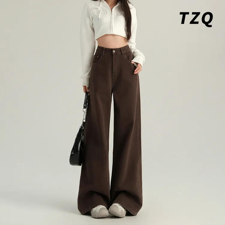 高级垂感咖色阔腿牛仔裤女秋冬新款高腰宽松加长直筒裤子TZQ92626