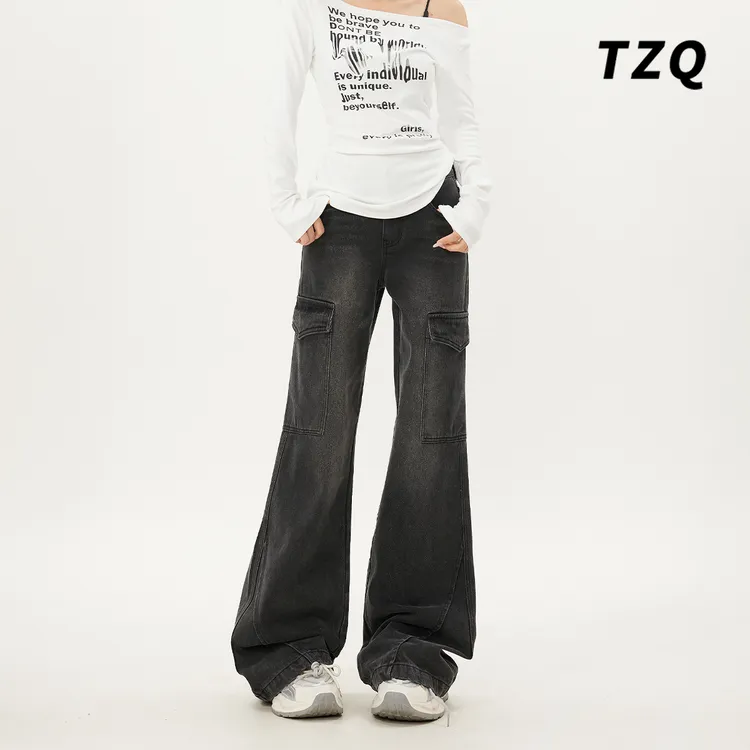 美式微喇牛仔裤女2025新款春季设计感口袋显瘦工装裤子TZQ101529