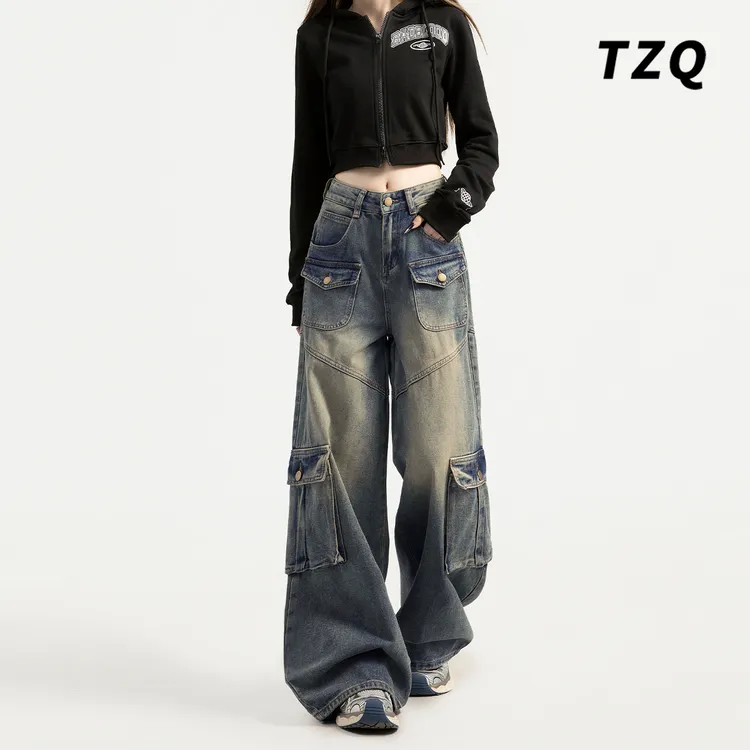 美式复古高腰多口袋阔腿工装牛仔裤女宽松直筒拖地裤长裤TZQ92032