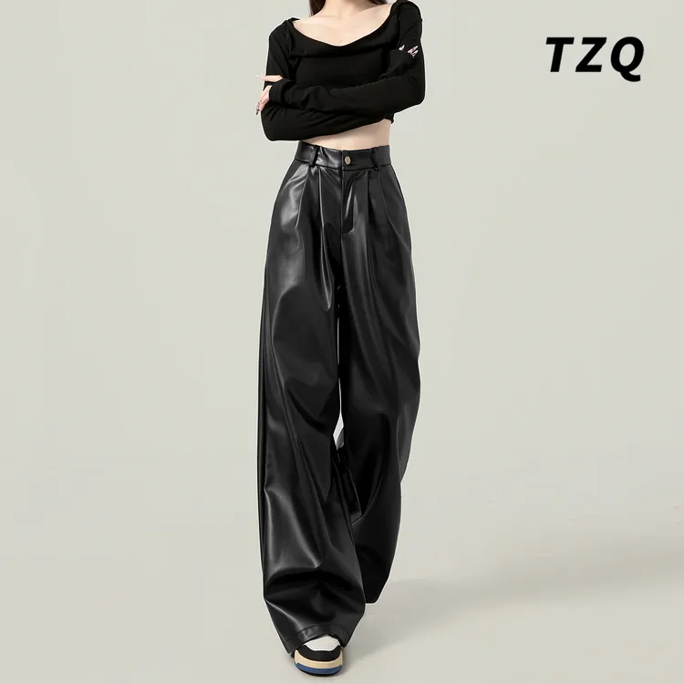 美式辣妹宽松高腰黑色阔腿裤女垂感休闲PU拖地皮裤秋冬TZQ090501