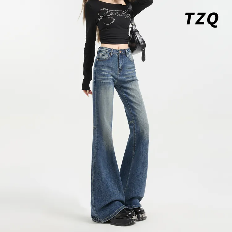 美式复古微喇叭牛仔裤女秋冬高腰显瘦垂感小个子马蹄裤TZQ112405