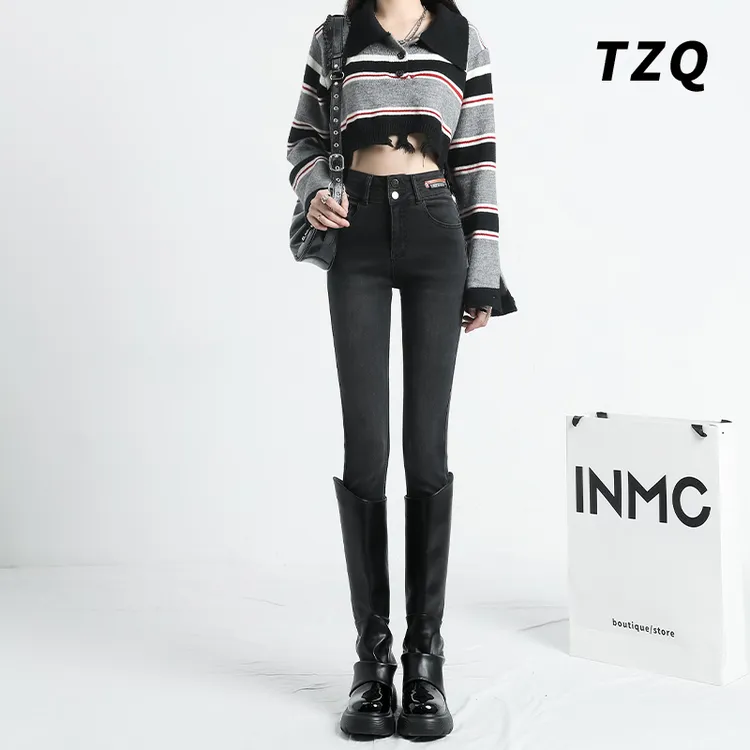 2024秋冬季新款紧身牛仔裤女加绒高腰显瘦铅笔裤小脚裤TZQ121129