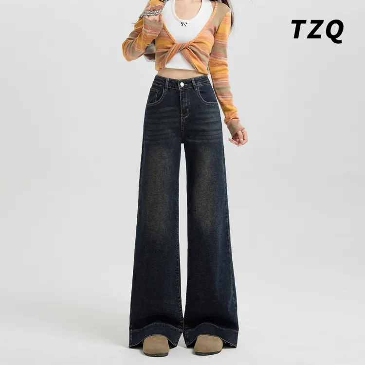 蓝灰色弹力阔腿牛仔裤女秋冬新款慵懒垂感大裤脚拖地裤 TZQ121347