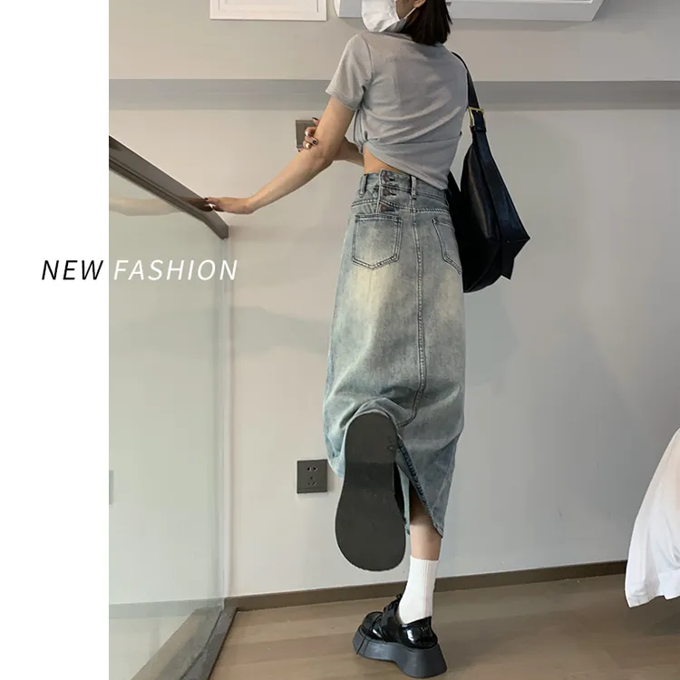 高腰牛仔半身裙女夏季爆款2025新款小个子a字开叉包臀裙TZQ62202