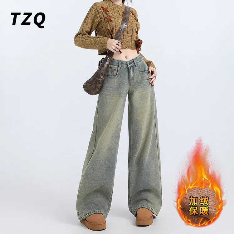 美式复古口袋怀旧阔腿牛仔裤辣妹低腰直筒拖地长裤TZQ111527