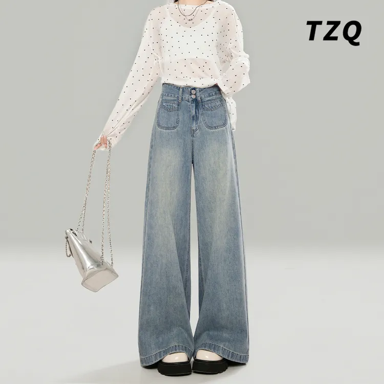 复古水洗高腰浅蓝色牛仔裤女设计感宽松显瘦垂感阔腿裤子TZQ71824