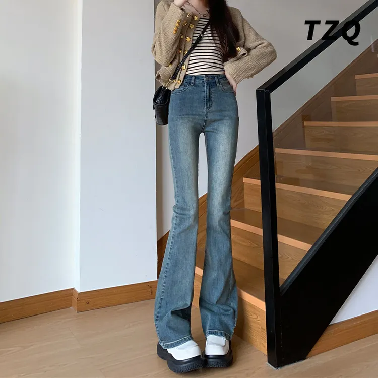 复古高腰修饰腿型垂感喇叭牛仔裤女修身显瘦弹力微喇裤TZQ041701