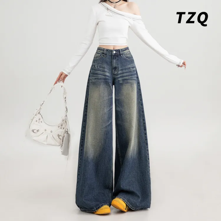 美式复古辣妹潮流牛仔裤女2025春季新款折痕设计感阔腿裤TZQ92877