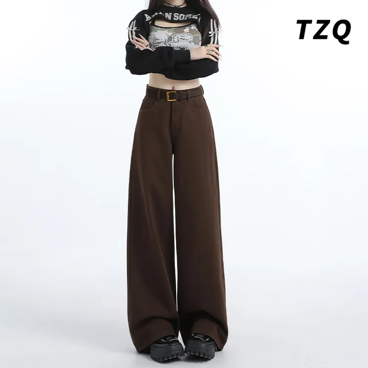 高腰显瘦复古咖啡色拖地牛仔裤女街头时尚休闲宽松阔腿裤TZQ82050