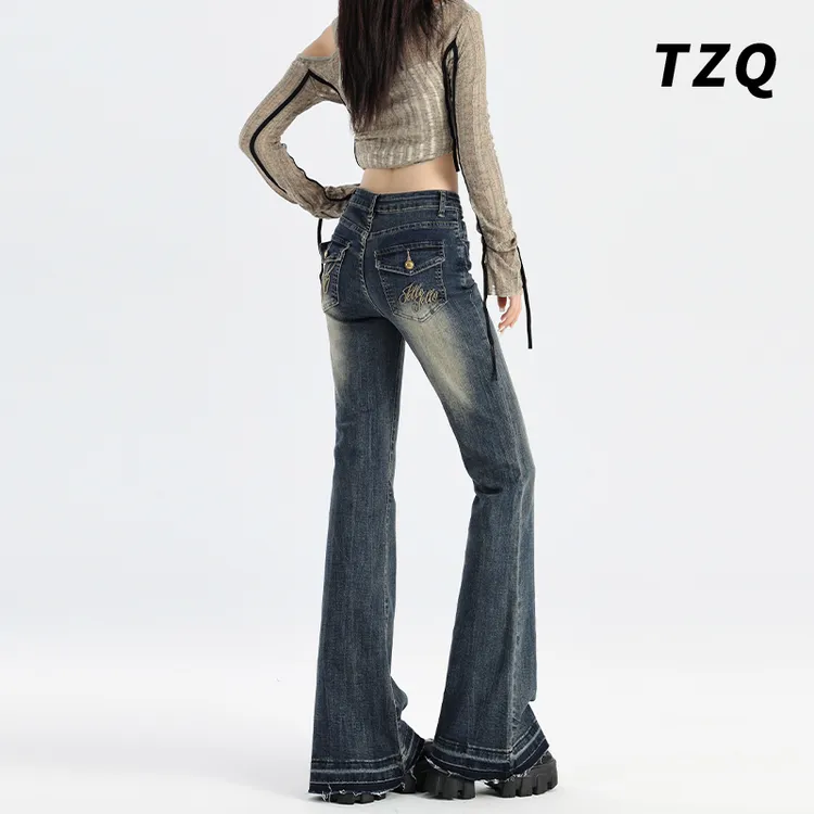 复古蓝微喇叭牛仔裤女2024高腰显瘦毛边设计马蹄喇叭裤TZQ100501