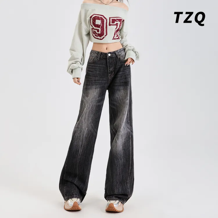 美式水洗阔腿牛仔裤女款爆款2025新款宽松复古直筒裤子TZQ120408