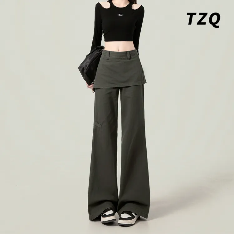 复古假两件设计感微喇工装裤女百搭纯欲宽松显瘦休闲裤女TZQ82535