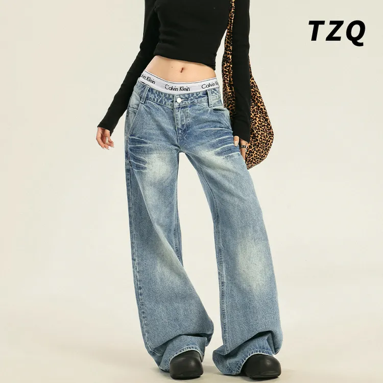 手缝压皱美式复古水洗牛仔裤女低腰牛仔裤2025年流行网红女裤子