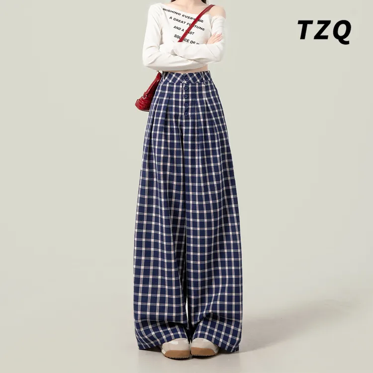 新款甜酷高腰直筒蓝色格子垂感阔腿裤女宽松百搭休闲裤子TZQ82219