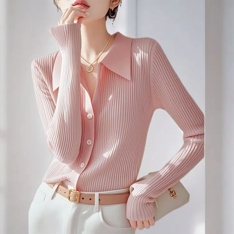 粉色polo领针织开衫女秋季高级感别致气质修身显瘦内搭打底衫上衣