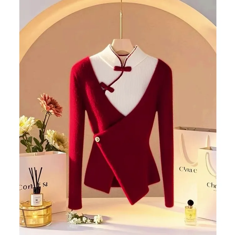 新中式国风红色假两件针织衫上衣秋季女装2024新款唐装年轻款小衫