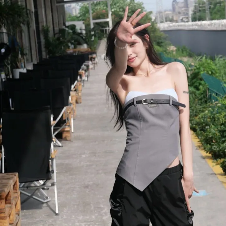 GKIK 设计师潮牌小众夏季微弹水洗棉显白显瘦收腰防滑抹胸上衣