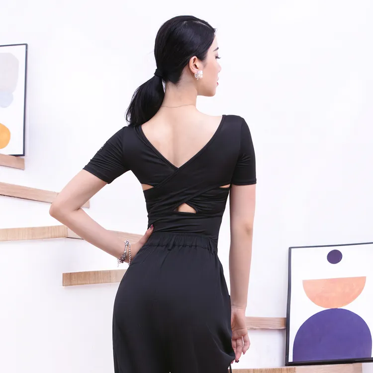 ACE dance瑰意拉丁舞服女成人新款后背交叉短袖上衣练功服SY145A