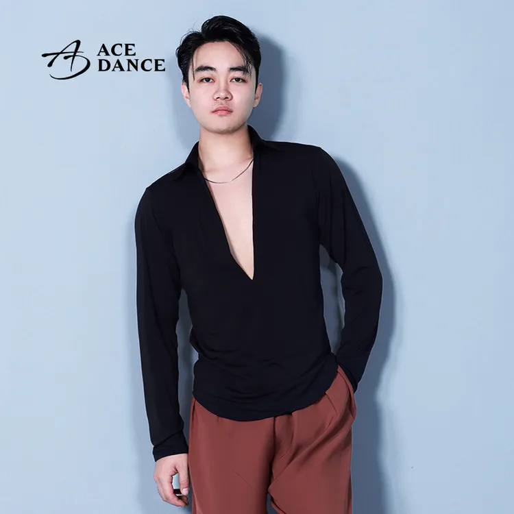 ACEDANCE拉丁舞上衣男大V领透背网纱拼接燕尾专业练功服艺考SY290
