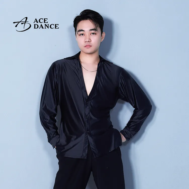 ACEdance成人男拉丁舞上衣亮缎面大V领长袖练功服艺考表演服SY286