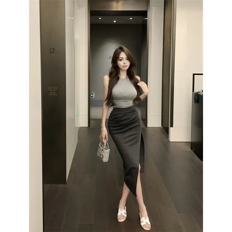 韩版穿搭灰色背心紧身上衣+高腰开叉长裙简约别致两件套女礼服