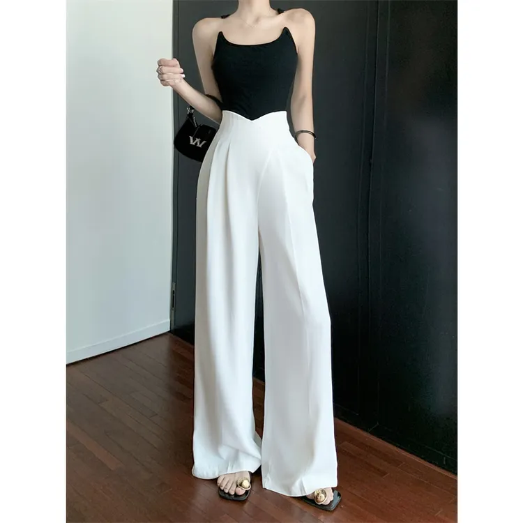 纯色高级设计感V形高腰垂感宽松西装裤女夏季显瘦百搭直筒休闲裤