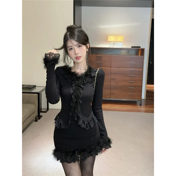 法式气氛感花海纯欲风漫画型身材针织拼接蕾丝上衣高腰半裙套装女