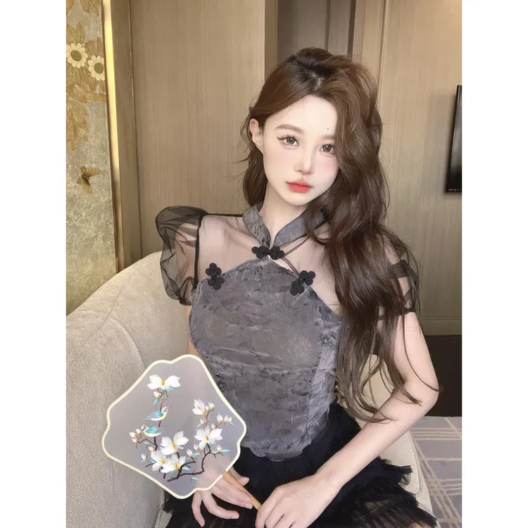 2023年夏季新款新中式国风泡泡袖修身显瘦拼接灰色短袖t恤上衣女