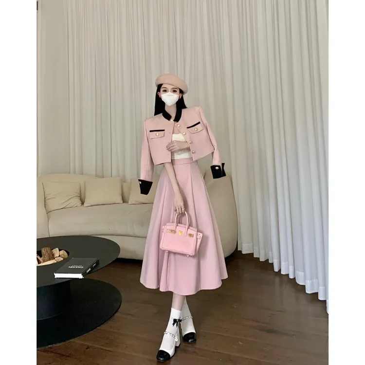 法式小香风撞色立领外套高腰半身裙小个子赫本风显瘦气质女装