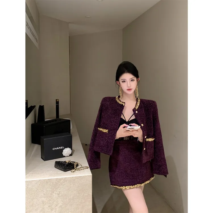 富家千金紫色小香风亮片毛呢外套高腰包臀半身裙气质两件套女秋季