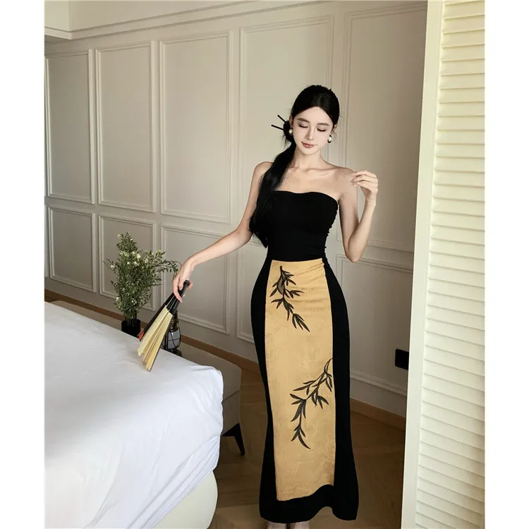清冷感禅意长裙复古中国风抹胸气质女装夏季一字肩收腰显瘦裙子
