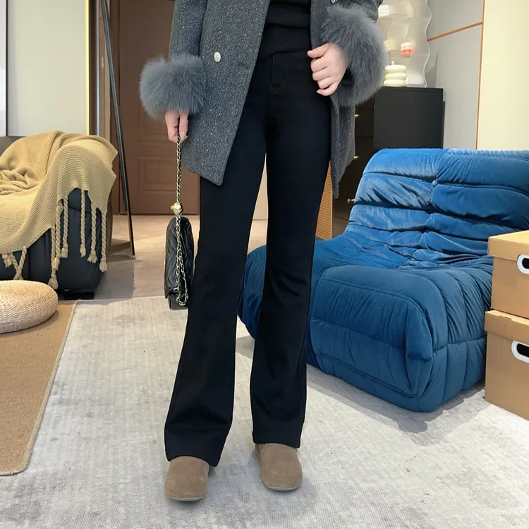 【黑色微喇】小个子2024冬季新款加厚加绒显瘦微喇牛仔裤  N509