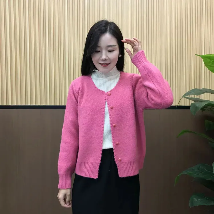 彩色系小香风圆领毛衣开衫女2024秋冬新款气质风花边针织开衫外套