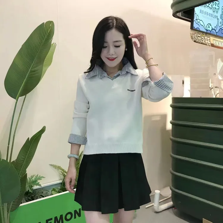 毛衣衬衫翻领拼接假两件针织衫欧洲站2024早秋新款学院风长袖上衣