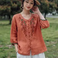 2025夏季重工刺绣宽松衬衫大码女装圆领薄款复古苎麻妈妈款上衣