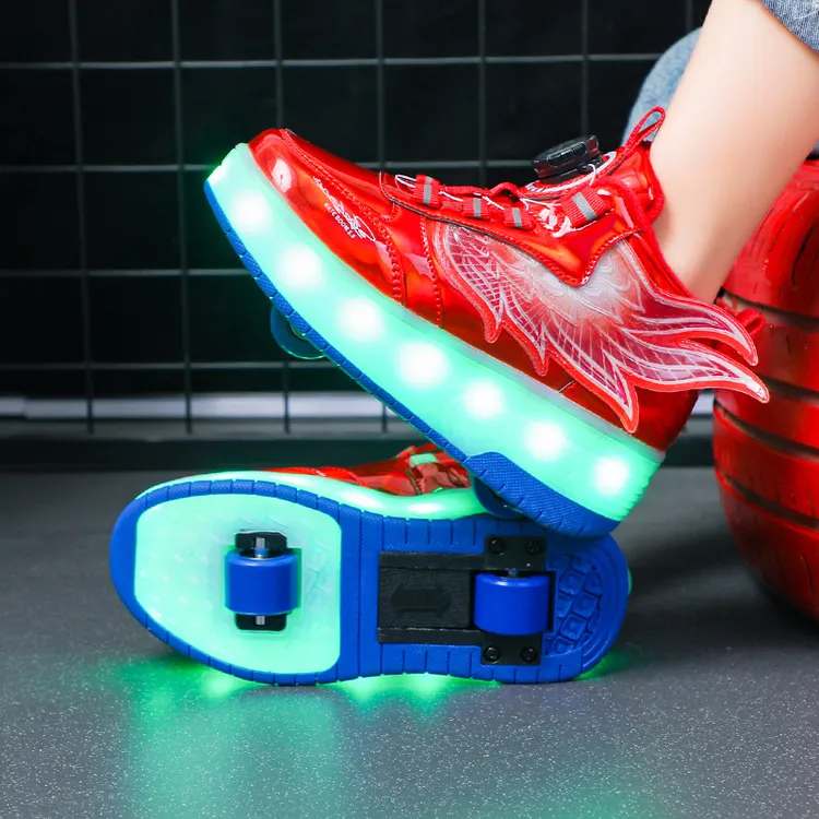 男女儿童暴走鞋青少年二轮可收缩爆走鞋中大童亮灯溜冰皮面轮滑鞋