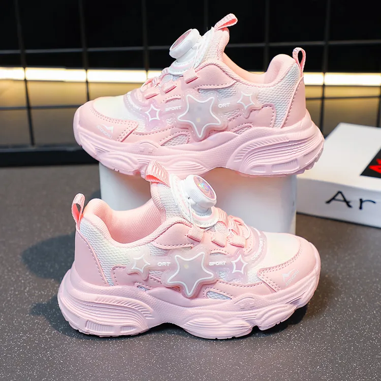 女童旋转纽扣运动鞋女孩小女孩休闲透气儿童学生中大童女童鞋子