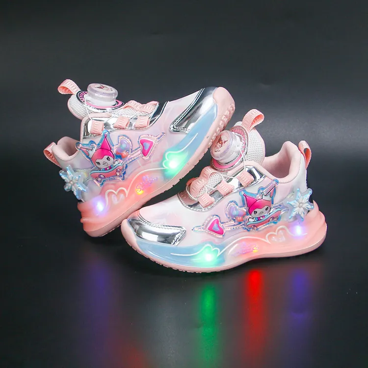秋季女童库洛米皮面运动鞋小学生软底公主鞋儿童旋转扣亮灯带灯鞋