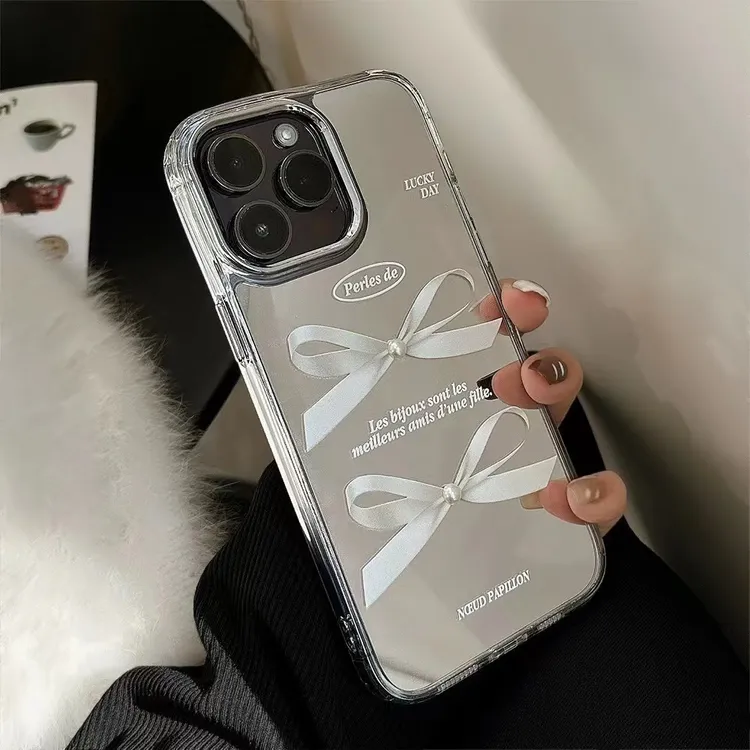 ins珍珠蝴蝶结iPhone14手机壳苹果13新12Pro镜面11小众xr防摔7/8