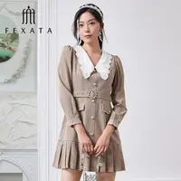 【许半夏推荐】FEXATA斐格思连衣裙绣花娃娃领复古格纹百褶裙