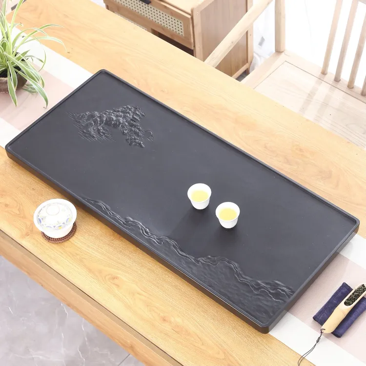 手工雕刻家用纯色茶台中式黑金石创意意境耐看快速排水天然石茶盘
