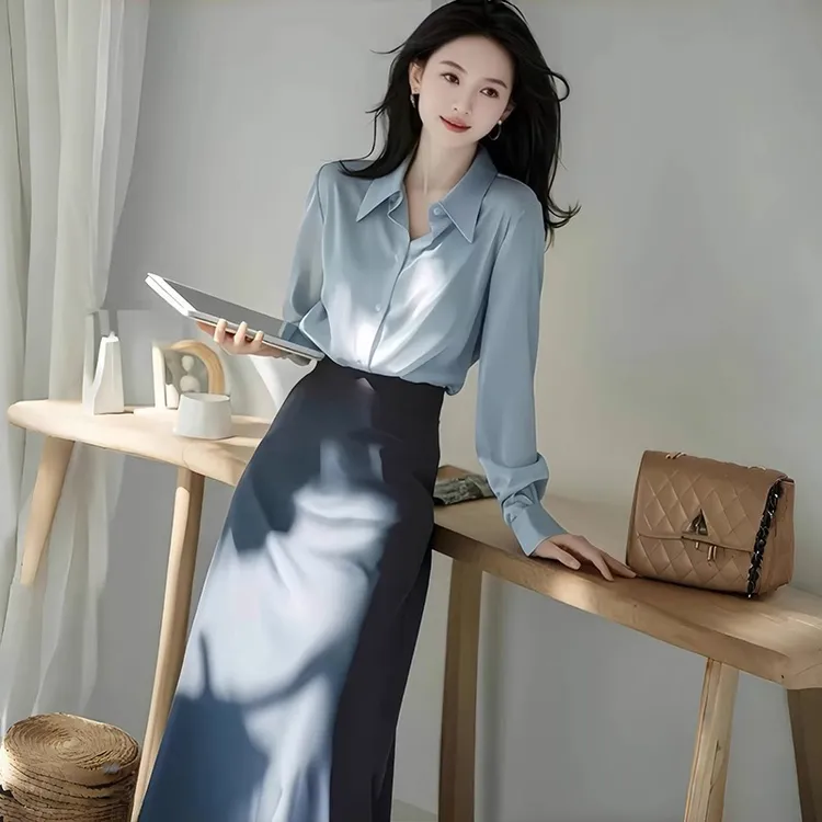 法式蓝色Polo领长袖衬衫女早秋季气质显瘦遮肉时尚减龄绝美两件套