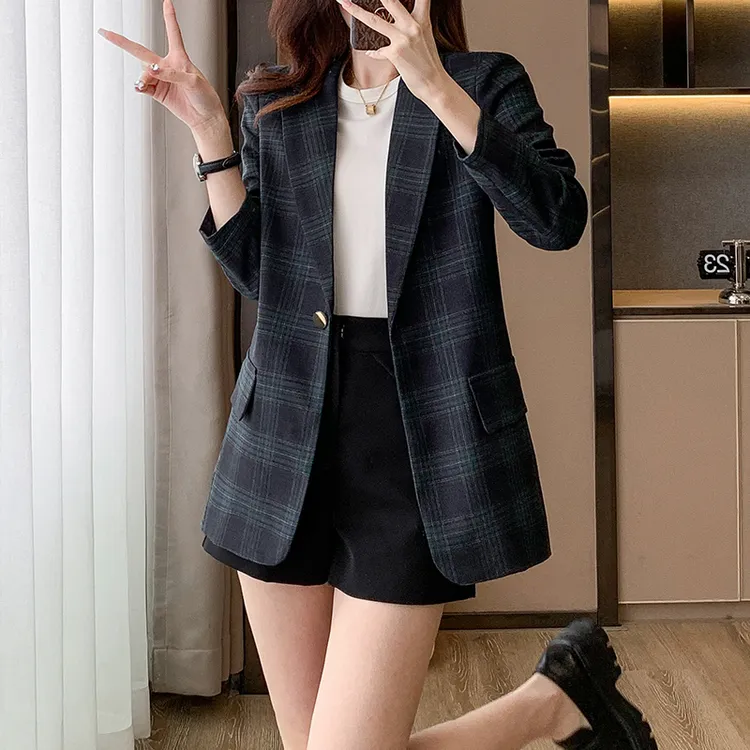 格子小西装外套女款春秋高级感撞色韩版小个子英伦风修身正肩西服