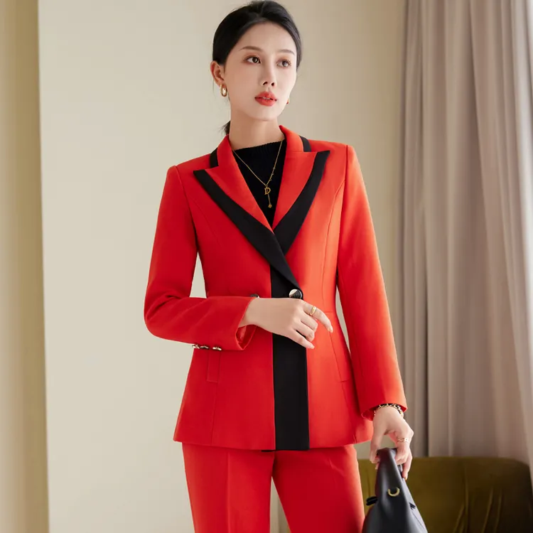 9998女红色长袖西装2023春秋新款套装时尚设计感职业正装西服套裤