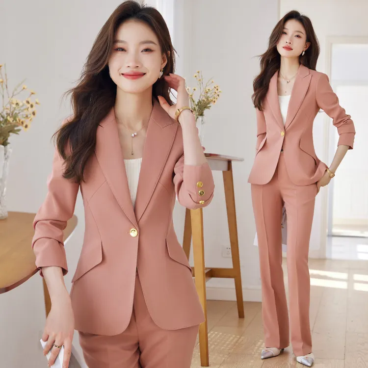 长袖西装套装女韩版风粉色春秋气质时尚休闲修身显瘦轻奢通勤外套