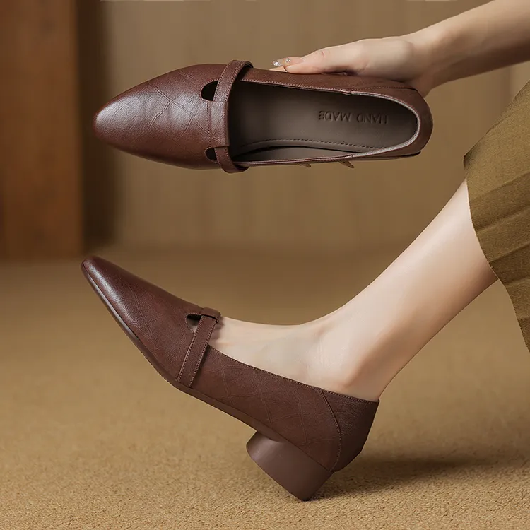 3CM，羊皮软底通勤职业鞋粗跟真皮休闲鞋百搭奶奶鞋法式真皮女单鞋