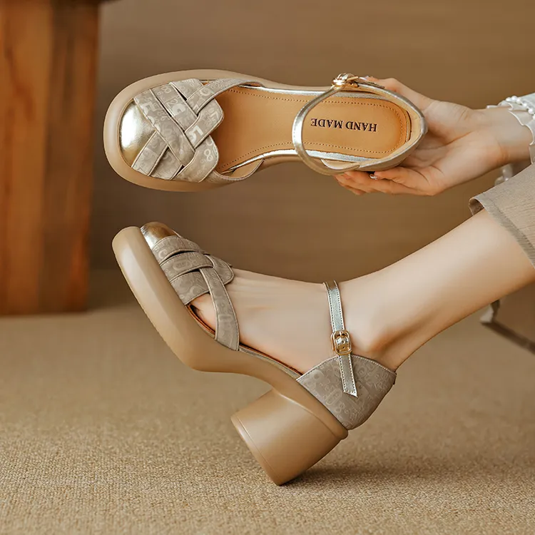 新中式国风女凉鞋夏季厚底仙女风休闲鞋法夏季法式一字带罗马凉鞋